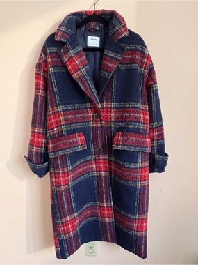 Old Navy Navy and Red Plaid Pea Coat
